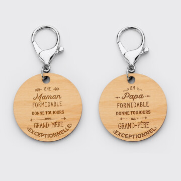 Duo de porte-clés bois médailles rondes gravées 50 mm parrain et Marraine