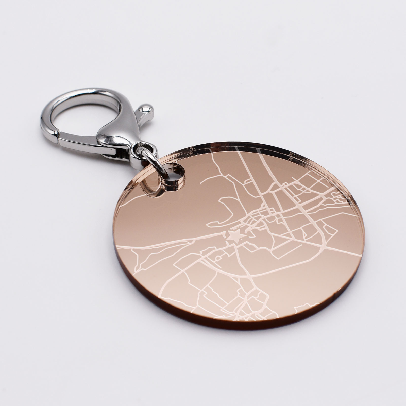 Porte-clés map personnalisé médaille rond gravéé acrylique miroir rose gold  50 mm | HappyBulle
