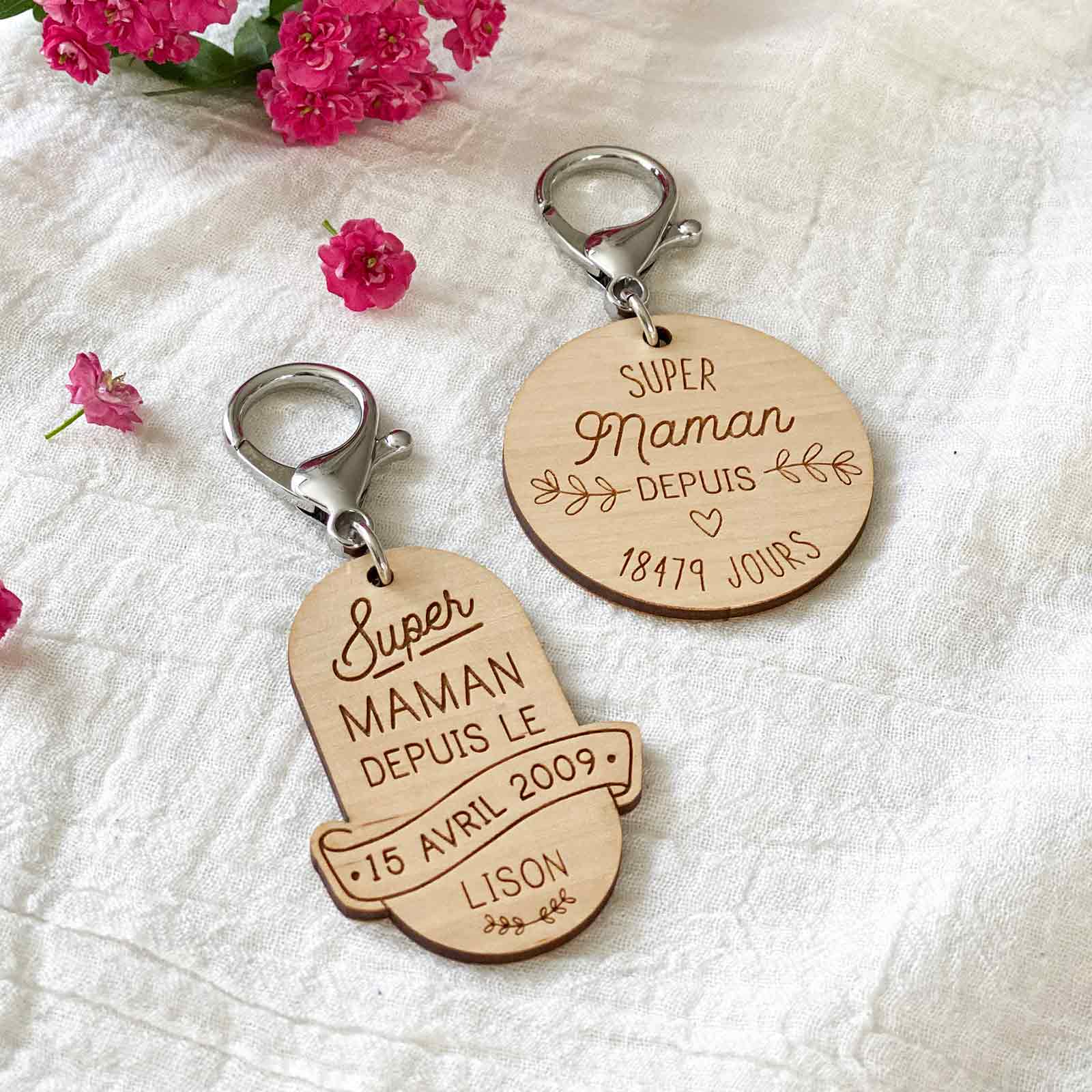 Porte-clés maman personnalisé gravé bois et acrylique miroir 50 mm -  édition spéciale